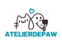 Logo of ATELIERDEPAW featuring a cat and dog illustration with a heart on a white background.