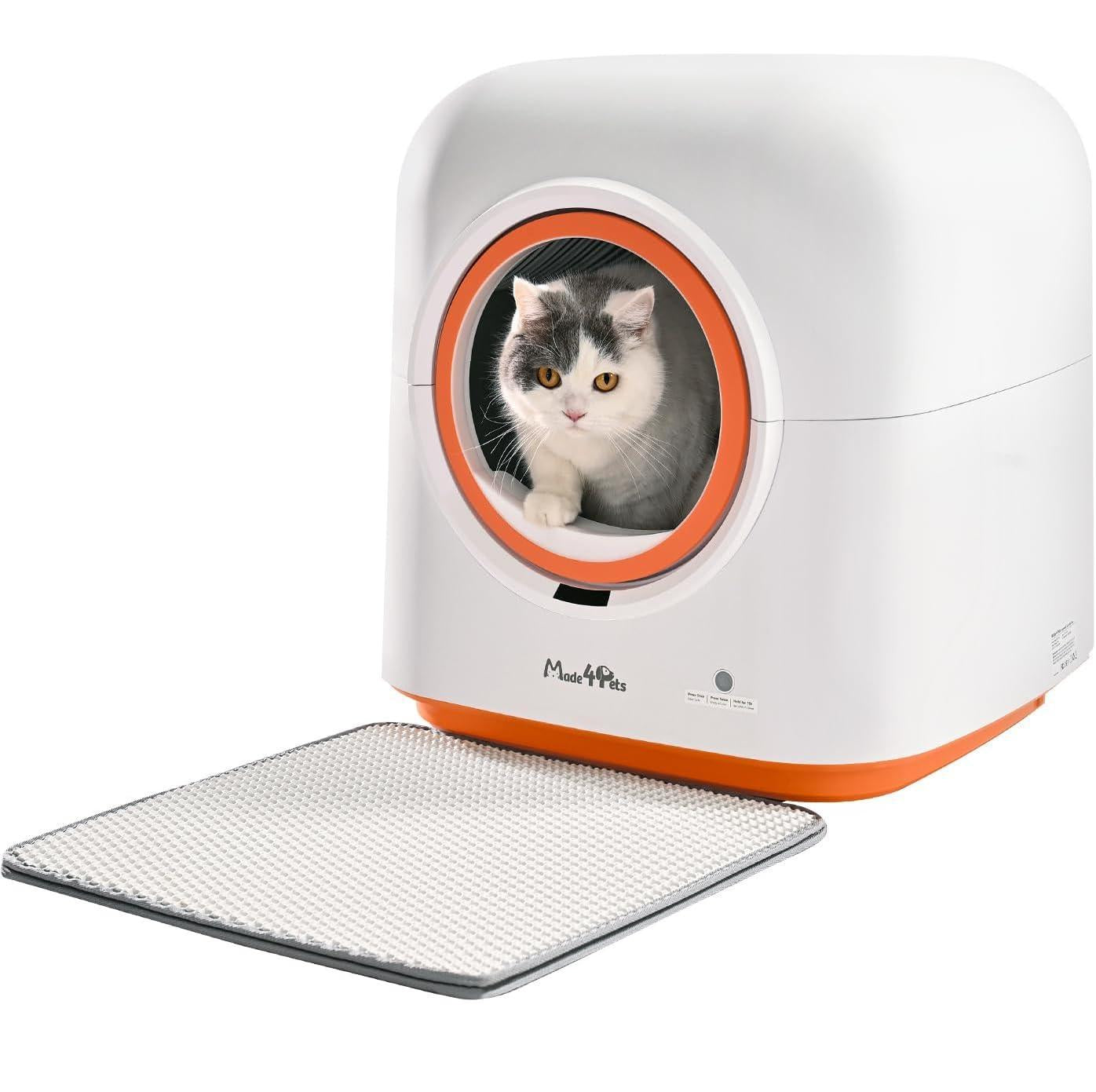White and orange cat litter box with a cat peeking out on a white background