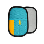 Two mesh pouches with a blue and yellow design on a white background