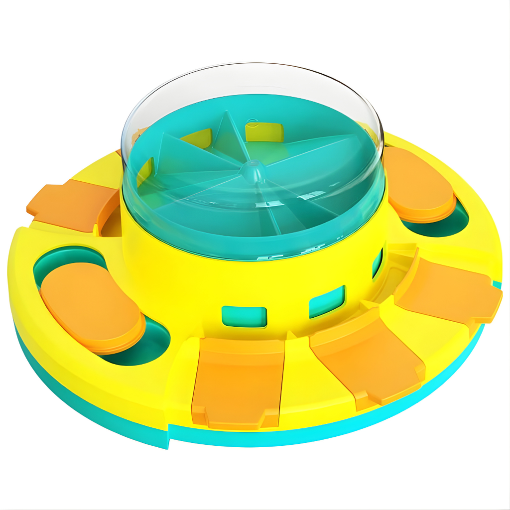 Colorful puzzle toy with a transparent center on a white background
