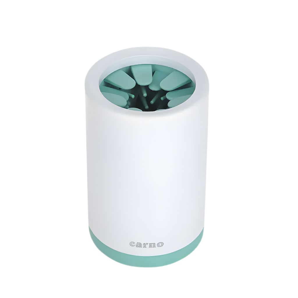 White and teal electric toothbrush holder with 'carno' branding on a white background