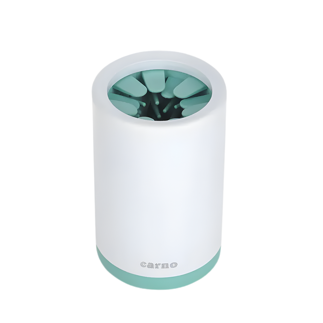White and teal electric toothbrush holder with 'carno' branding on a white background