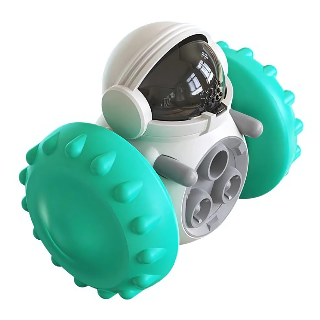 Toy robot with green wheels and white body on a white background