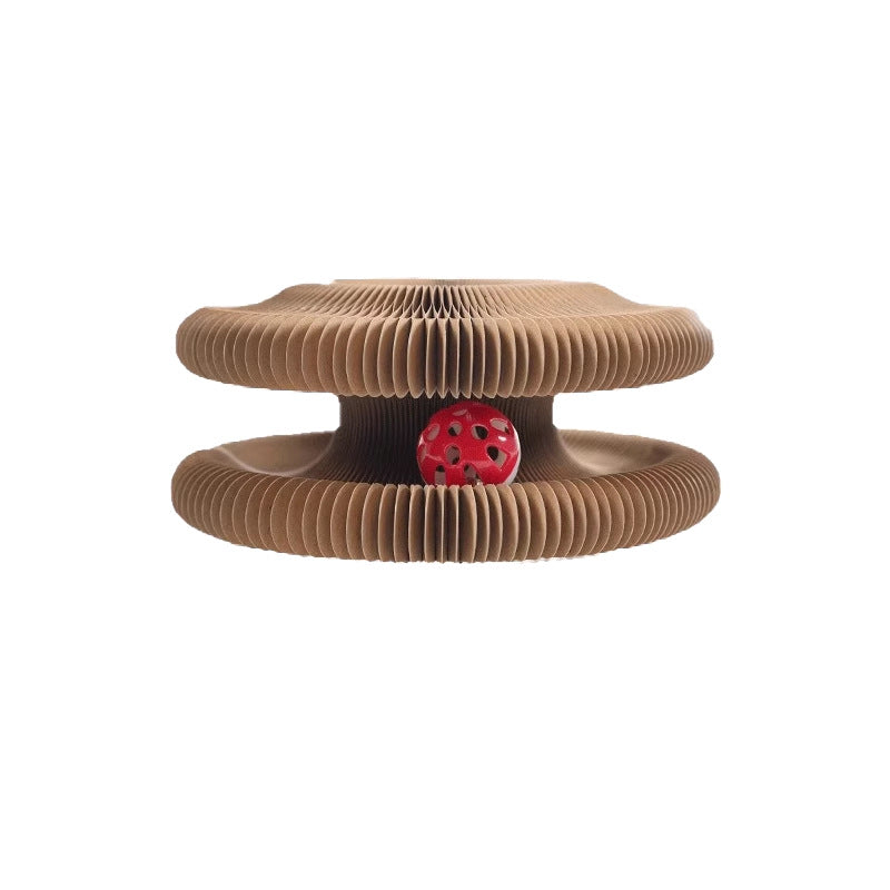 Brown pet toy with a red center on a white background