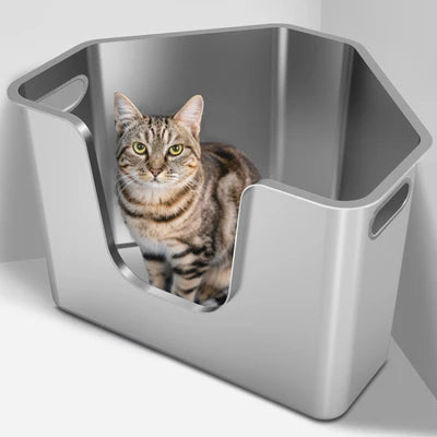 Whiskora – High-Sided Stainless Steel Cat Litter Box XL (Front Entry, Anti-Splash Design)