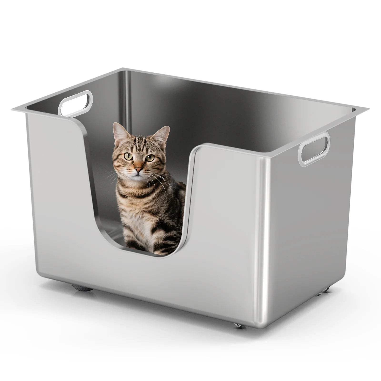 Whiskora – High-Sided Stainless Steel Cat Litter Box XL (Front Entry, Anti-Splash Design)