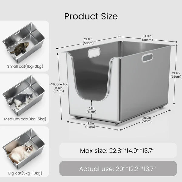 Whiskora – High-Sided Stainless Steel Cat Litter Box XL (Front Entry, Anti-Splash Design)