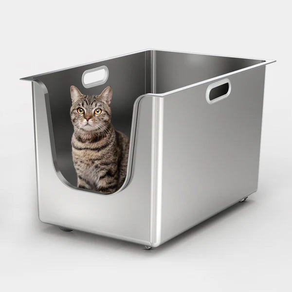 Whiskora – High-Sided Stainless Steel Cat Litter Box XL (Front Entry, Anti-Splash Design)