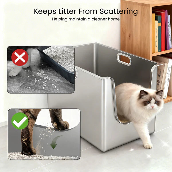 Whiskora – High-Sided Stainless Steel Cat Litter Box XL (Front Entry, Anti-Splash Design)