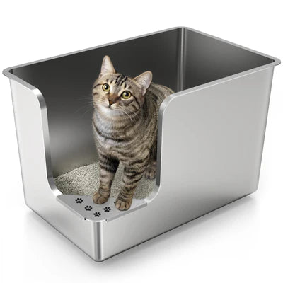 Whiskora – High-Sided Stainless Steel Cat Litter Box XL (Front Entry, Anti-Splash Design)