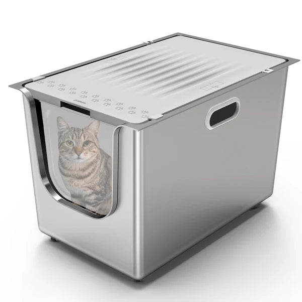 Whiskora – High-Sided Stainless Steel Cat Litter Box XL (Front Entry, Anti-Splash Design)
