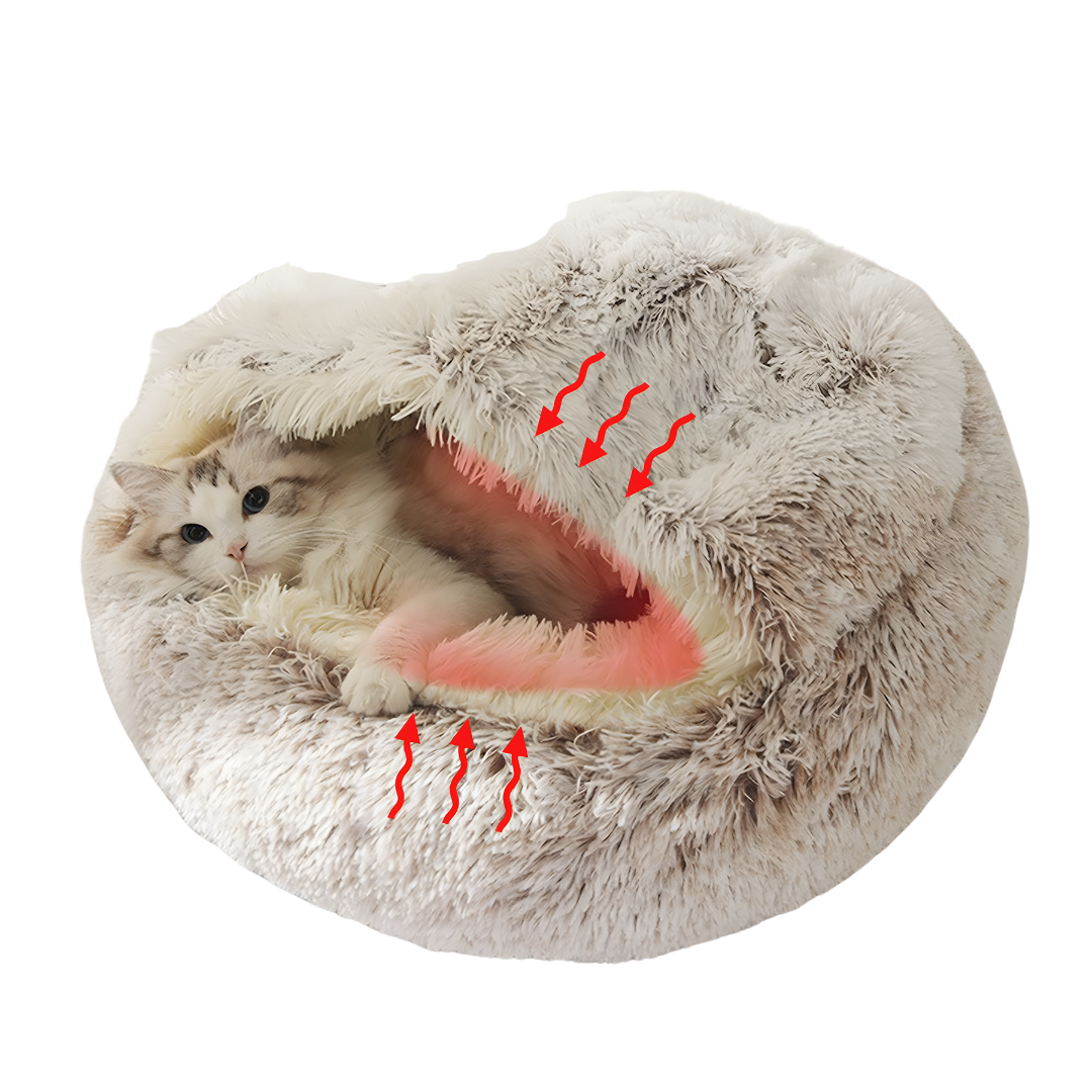 Fluffy pet bed with a cat inside, showing heat generation with red arrows.