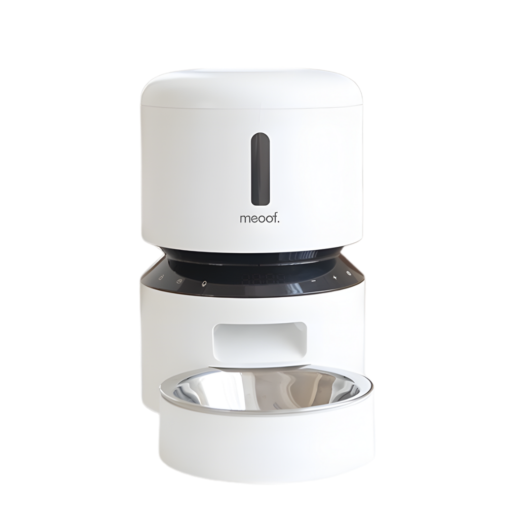 White pet feeder with black base on a white background