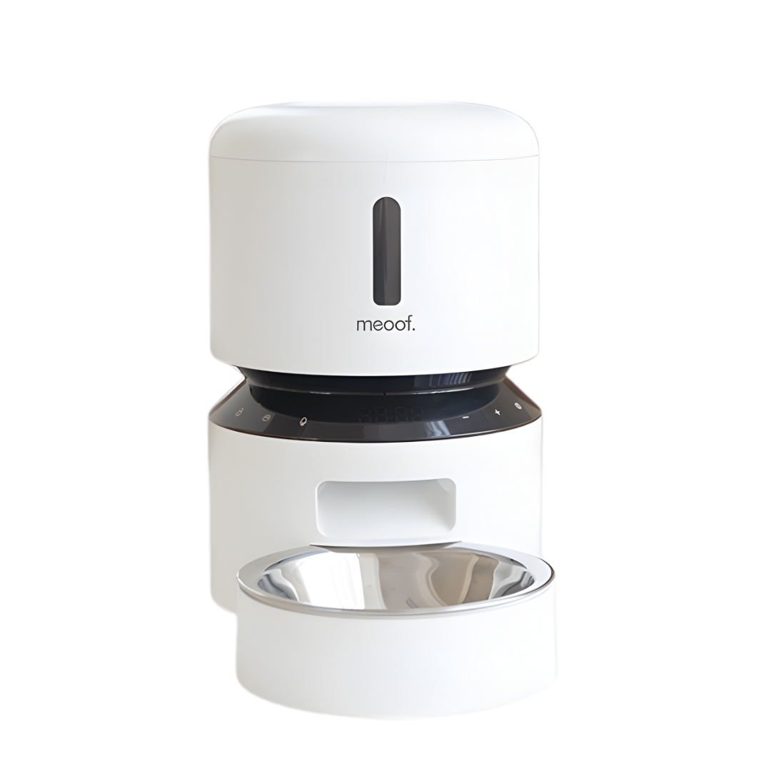 White pet feeder with black base on a white background