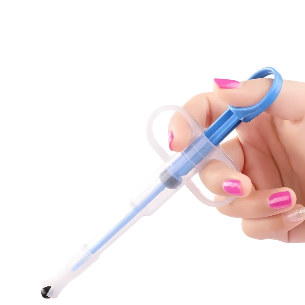 Hand holding a blue and clear syringe-like tool against a white background