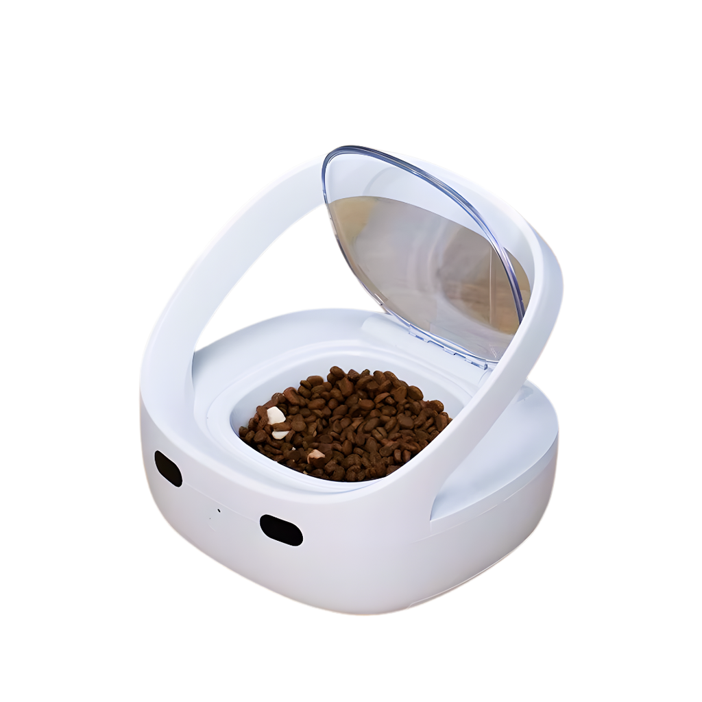 White pet food container with lid open, showing dry cat food inside on a white background