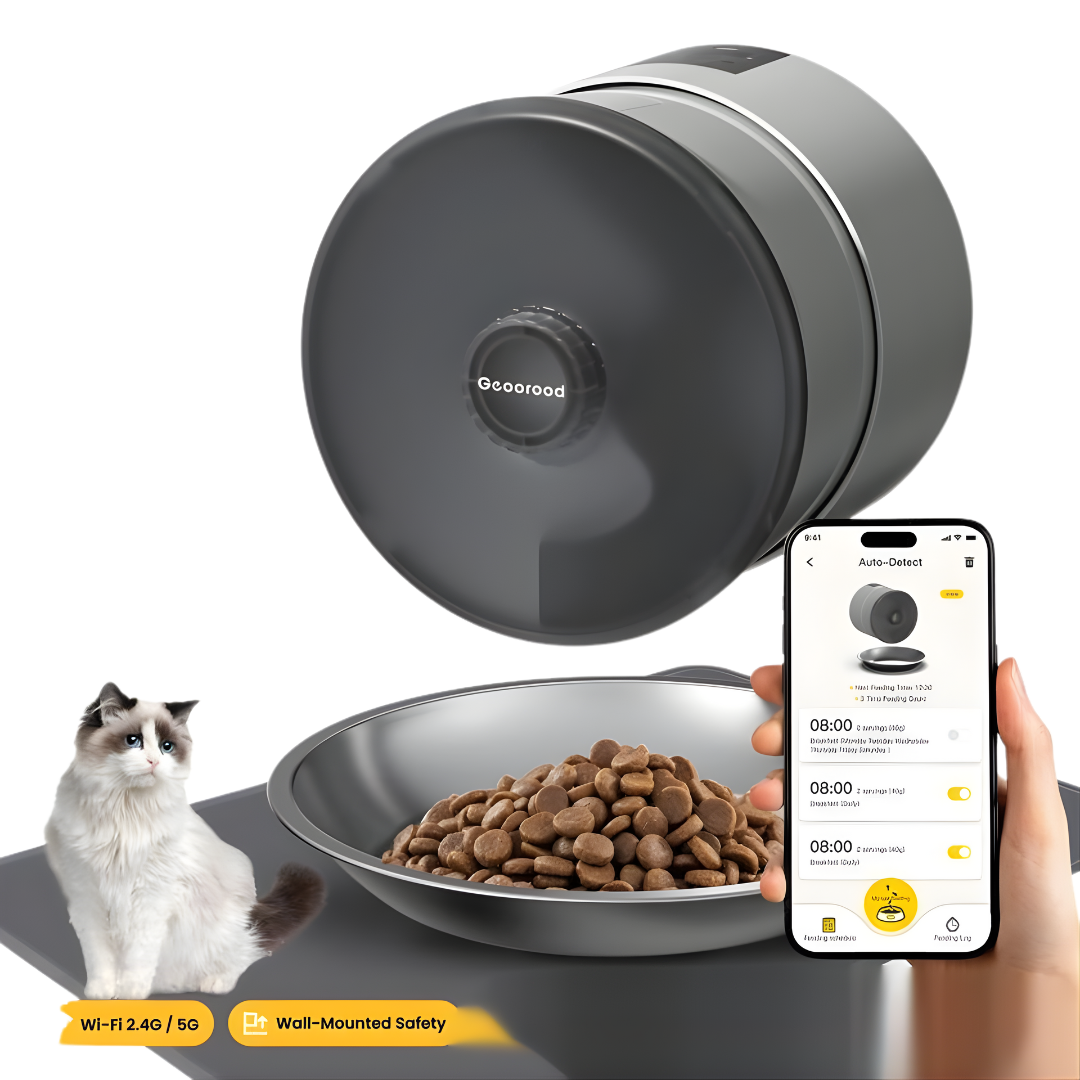 Smart pet feeder with a cat, food bowl, and smartphone app on a white background