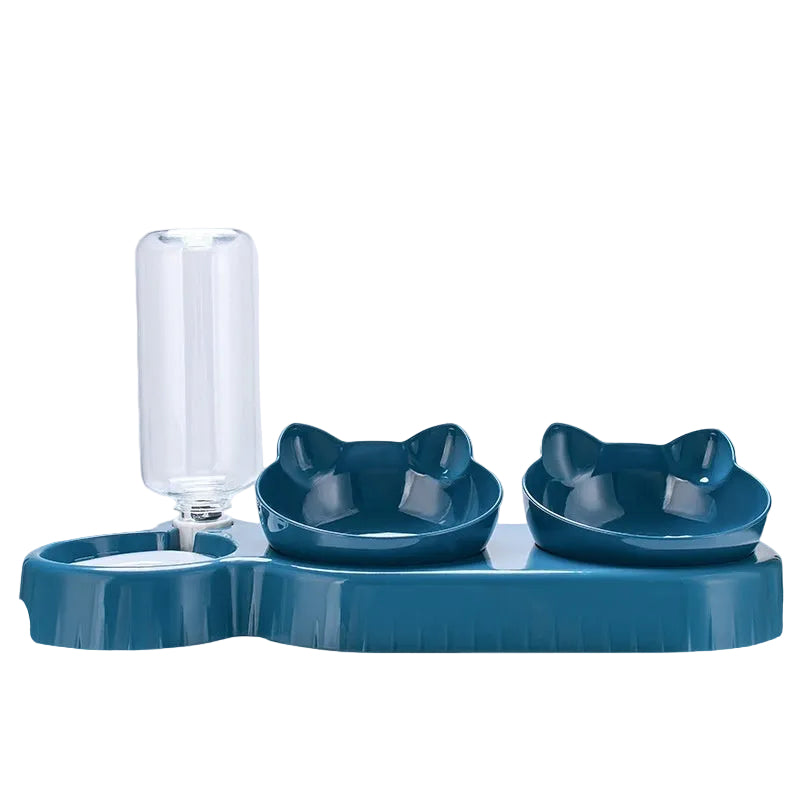 Blue pet feeding station with two bowls and a water dispenser on a white background